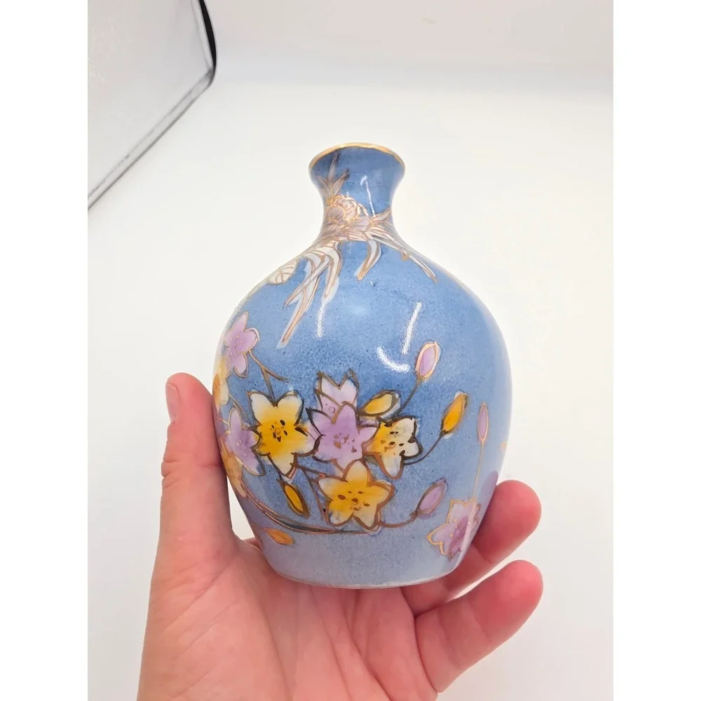 Tri Ever Hand Painted Porcelain Bud Vase Blue Floral Gold Gilt Small 5 Inch N3
